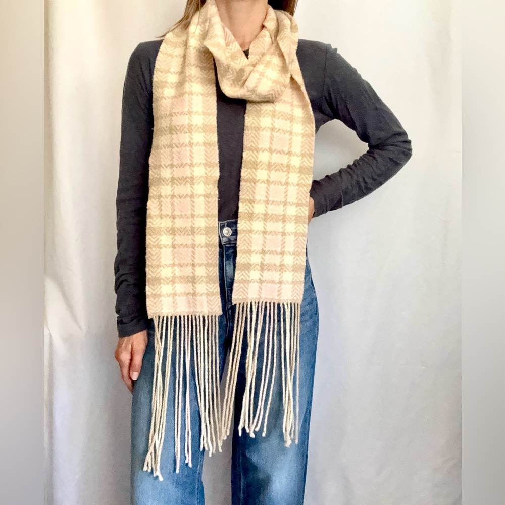 Cream and Pink Plaid Scarf with Long Fringe Tassels